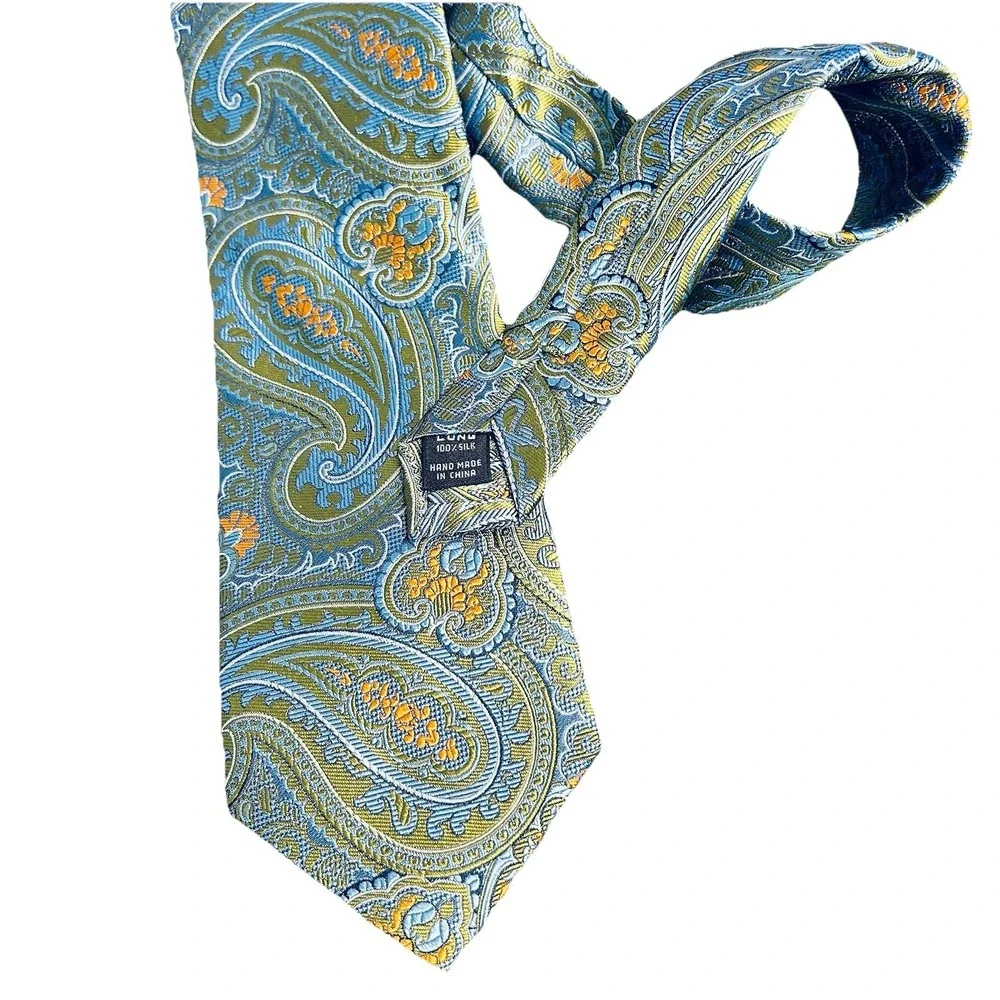 Jos. A. Bank Signature Collection Handmade Silk Paisley Tie Blue Lime Gold NWT